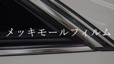 Close-up of a car's chrome molding with overlaid Japanese text reading 'メッキモールフィルム'.